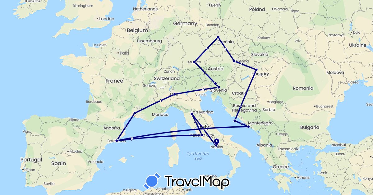 TravelMap itinerary: driving in Austria, Czech Republic, Germany, Spain, France, Croatia, Hungary, Italy, Slovenia (Europe)